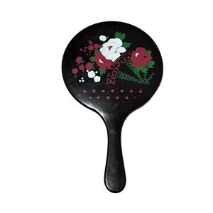 Vintage Hand Mirror Black Floral Hand Painted Roses Vanity Handheld Retro Mirror